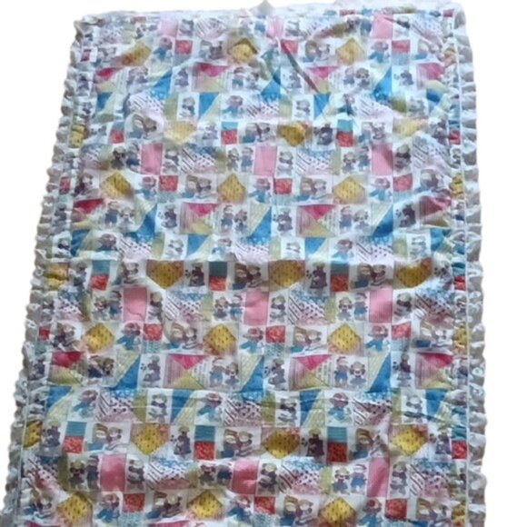 Vtge 70s Handmade Raggedy Ann & Andy Child's Quilt Reverse Embroidered Animals - Picture 1 of 9